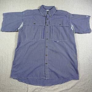 Drake Men Med Blue White Gingham Checked Short Sleeve Button Front Fishing Shirt